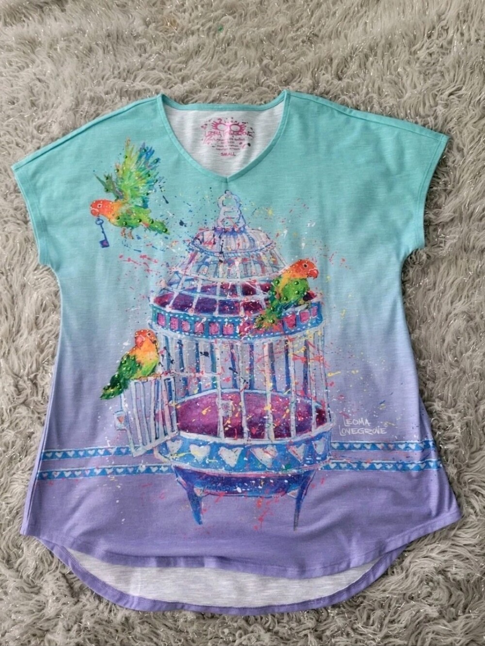 Leoma Lovegrove Top Green Purple Birds Birdcage Tropical Coastal Grandma S NEW